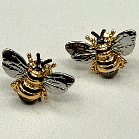 Honey Bee Earrings Enamel Striped Gold Tone Silver Tone Insect Stud - Picture 2 of 6